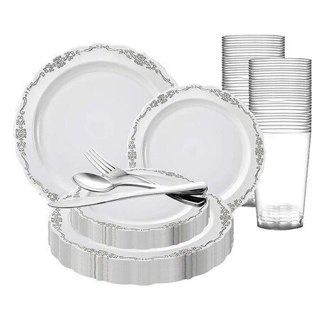 Smarty Had A Party White with Silver Vintage Rim Round Disposable Plastic Wedding Value Set, 720PK 860WHSVS120
